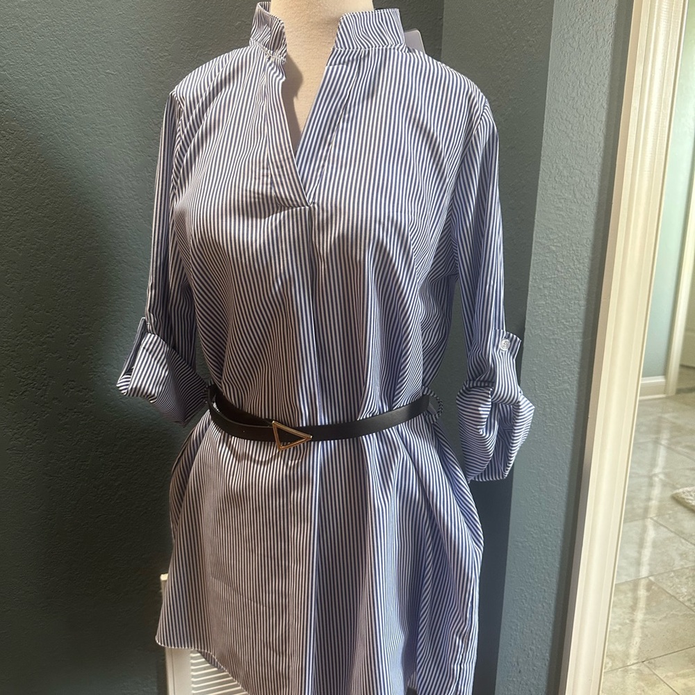 Nique Blue High Low Shirt Dress with Mandarin Collar